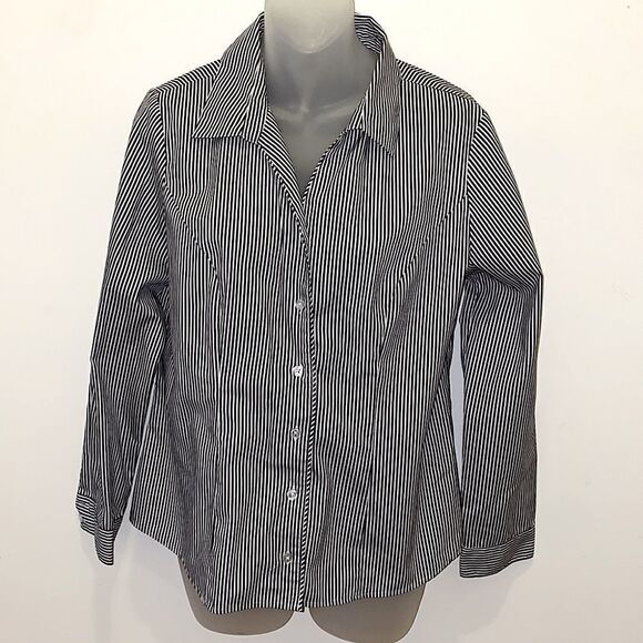 Christopher & Banks Petite Black White Stripe Top Shirt Blouse Button PM medium - Picture 1 of 7